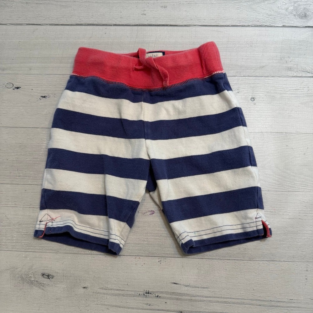 Mini Boden boys navy blue white stripe red band shorts 1.5 years